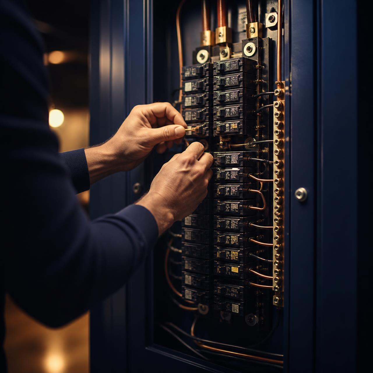 Licensed electrician wiring a residential breaker panel